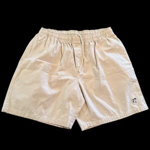 Big Dogs VTG Mens Khaki Tan Cotton Elastic Waist Drawstring Shorts Sz L Dadcore